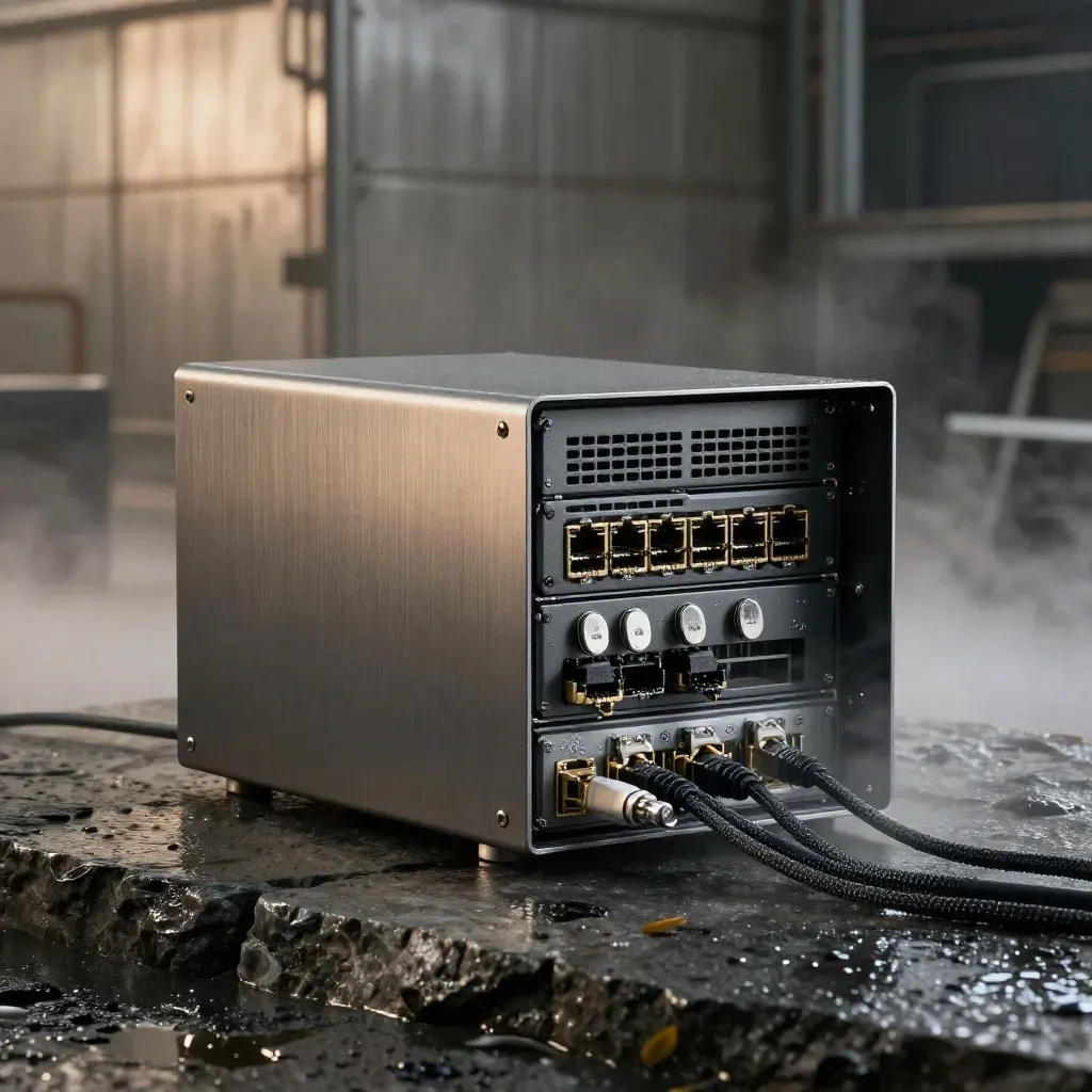 Rackmount security appliance with cables and tokens on wet stone in misty industrial light