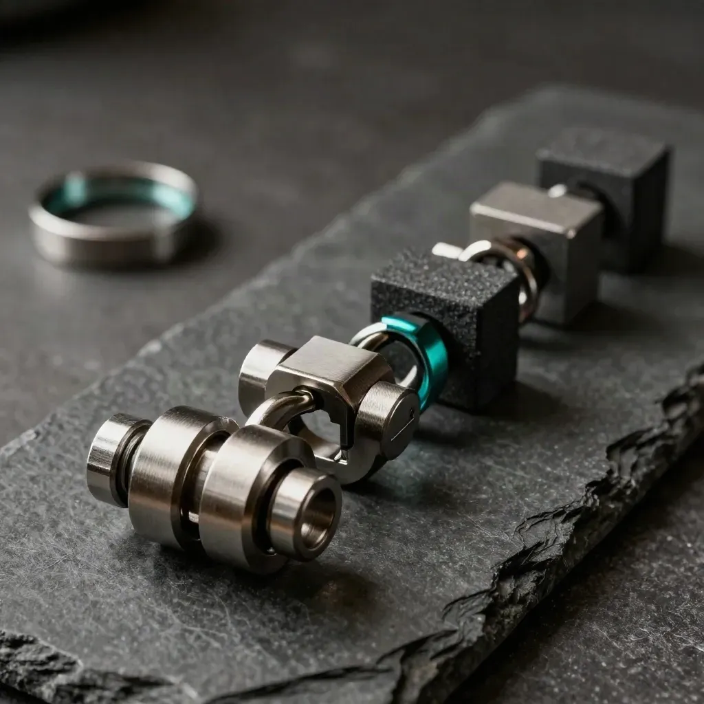 Machined connectors and metal rings form a premium workflow chain on a dark stone surface.