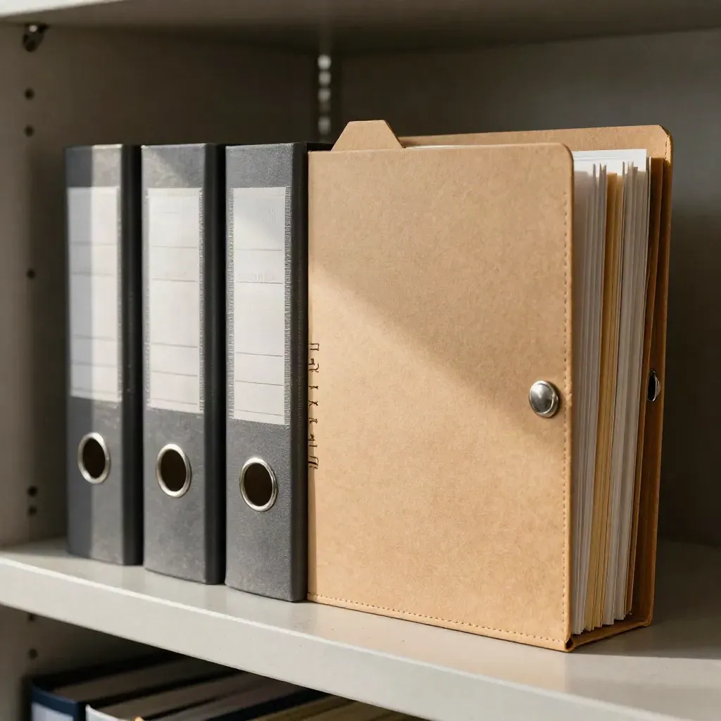Stacked audit folders with metal fasteners and an inspection seal on a dark records shelf.