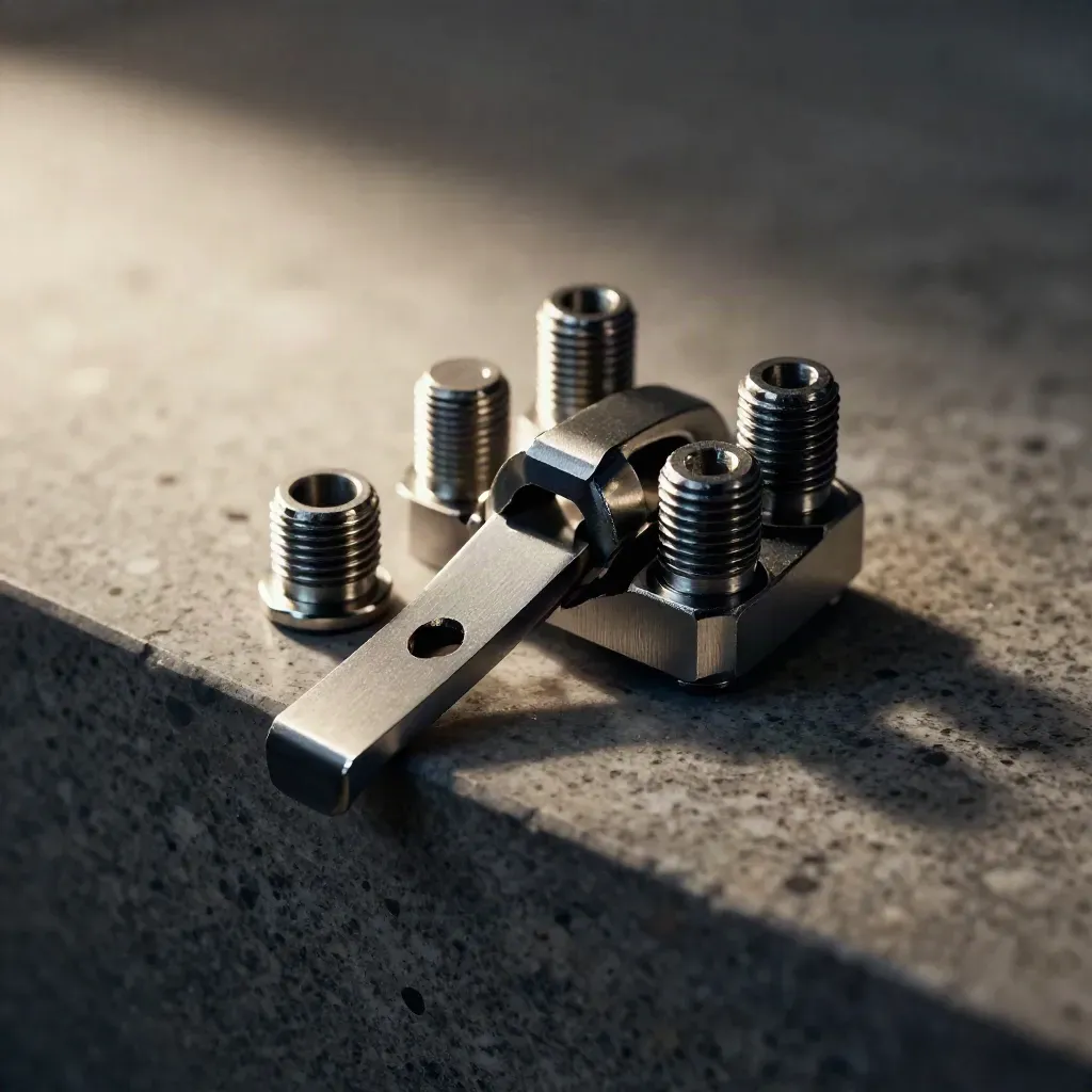 Macro of precision metal brackets and fasteners on travertine, aligned in a premium workflow still life.